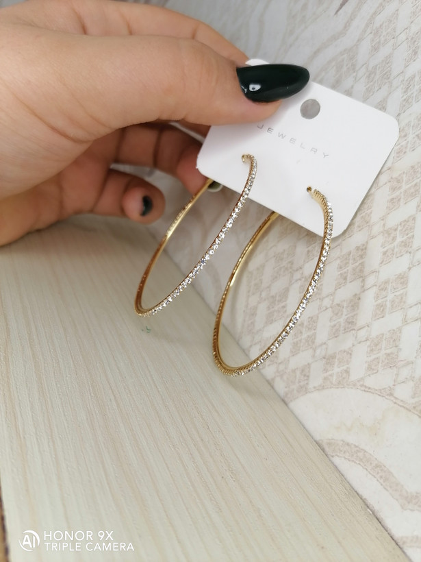گوشواره زنانه مدل حلقه ای 6 سانتی نگین دار طلایی استیل
